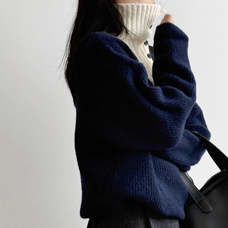 HKSH 2025 خريف شتاء جديد المرأة سترة الوقوف طوق زرر التباين اللون موضة أنيقة Ins عادية محبوك القمم HK15695 #3