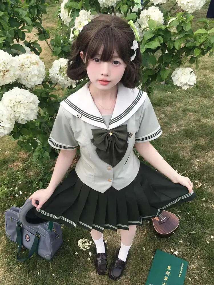 

New Fiesta Carnival Halloween Cos Cosplay Pink Green Japanese Style Sailor Uniform Summer JK Uniform T-shirt Skirt Bow Tie