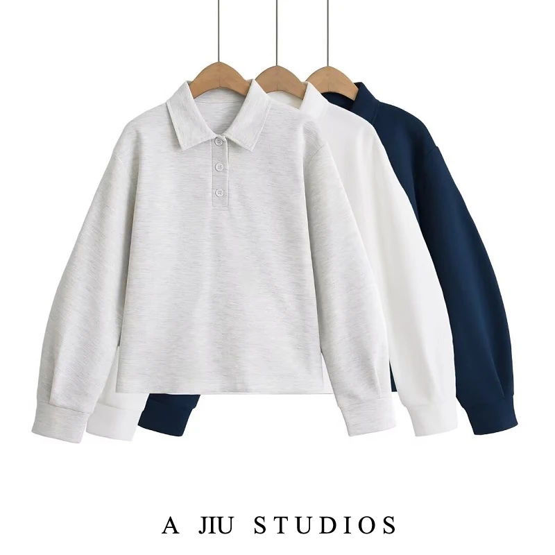 고품질 베이직 스페이스 코튼 Ne 스웨트 여성용 심플 턴다운 칼라 박시핏 피부 친화적인 에어 레이어 롱 슬리브