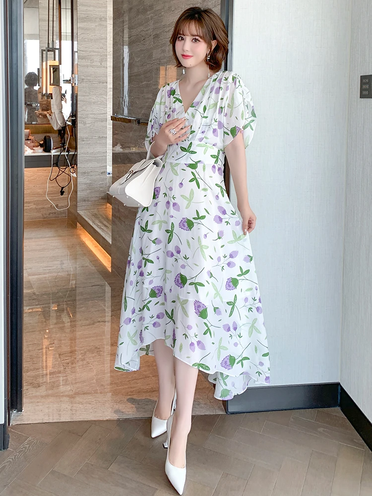 

MIUCO Clear Light Purple Flower Silk Print Blouse with Lace Sves Women's Dr Commute OL Sle High Waist Midi Skirt