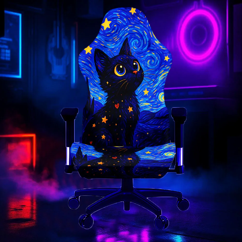 A Set of Cute Black Cat Pattern Glow-In-The-Dark Computer Chair Covers Printed Elastic Fabric Gaming Chairs Covers Decorating