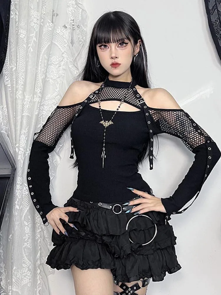 Fishnet Patchwork Off Shoulder T-shirts Trim  Strap Halter Tops Autumn Mall Gothic Streetwear T-shirt