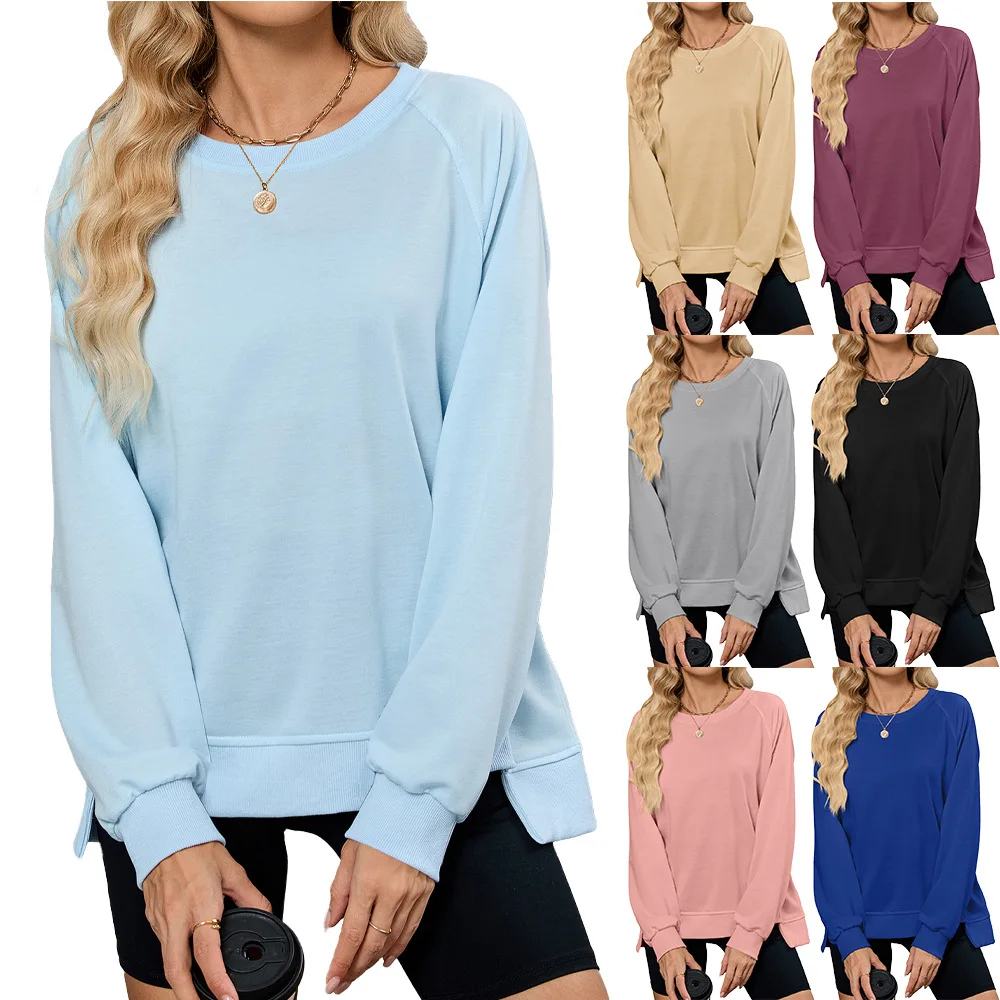 Women Hoodies Ribbed Round Neck Long Sleeve Sweatshirt Casual Fall Loose Pullovers Autumn Winter Simple Classic Tops Streetwear
