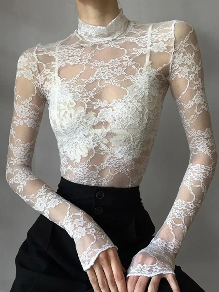

Women's Lace Floral Crop Tops Fairy Grunge White Long Sleeve Mock Neck Mesh See Through Floral Slim T-shirts Y2k Club Streetwear
