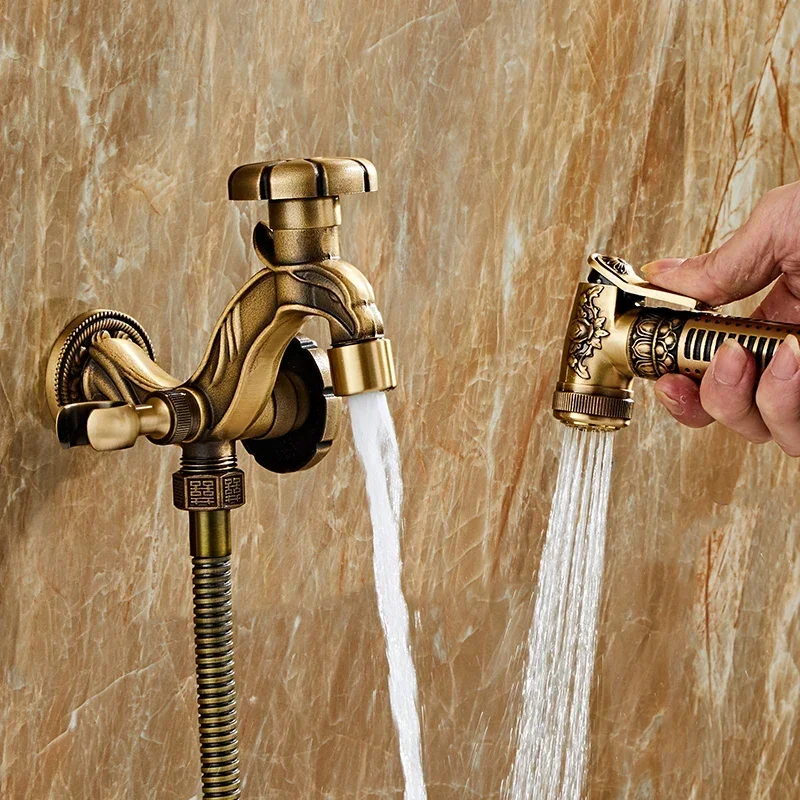 Antique Brass Bidet Faucets Dual Use Washing Machine Faucet Outdoor Garden Antifreeze Mop Tap with Spray Gun Anal Shower Bibcock