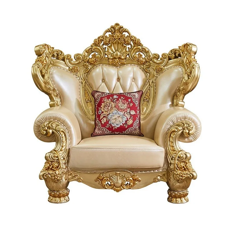 

Leather sofa combination solid wood double-sided carved sofa French sofa villa living room cowhide