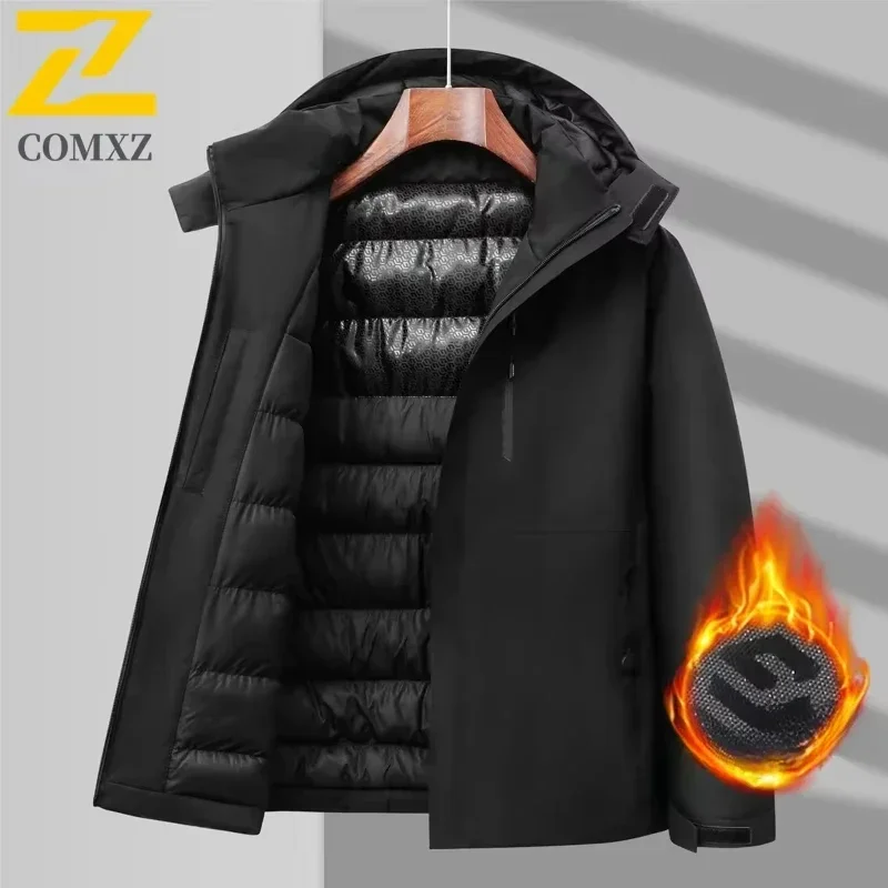 Men Jacket Solid Color Hooded Slim Fit Jacket Outdoor Travel Graphene Technology Warm Jacket Windproof Waterproof Winter Jacket