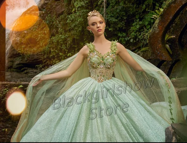 Princess Fruit Green Quinceanera Dresses 2024 Forest Fairy Glitter Backless Embroidered Floral Applique Vestidos De 15 Años