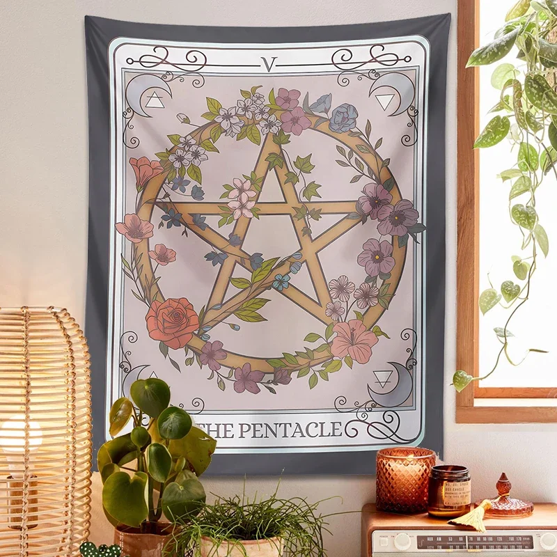 The Pentacle Tarot Tapestry Wall Hanging Witchy Forestcore Botanical Flower Magic Occult Symbol Boho Living Room Dorm Home Decor