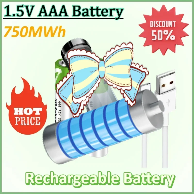 

2-8pcs 1.5V AAA 750MWh USB Type-c Rechargeable Li-ion Battery for Remote Control Wireless Mouse Small Fan Electric Toy Battery