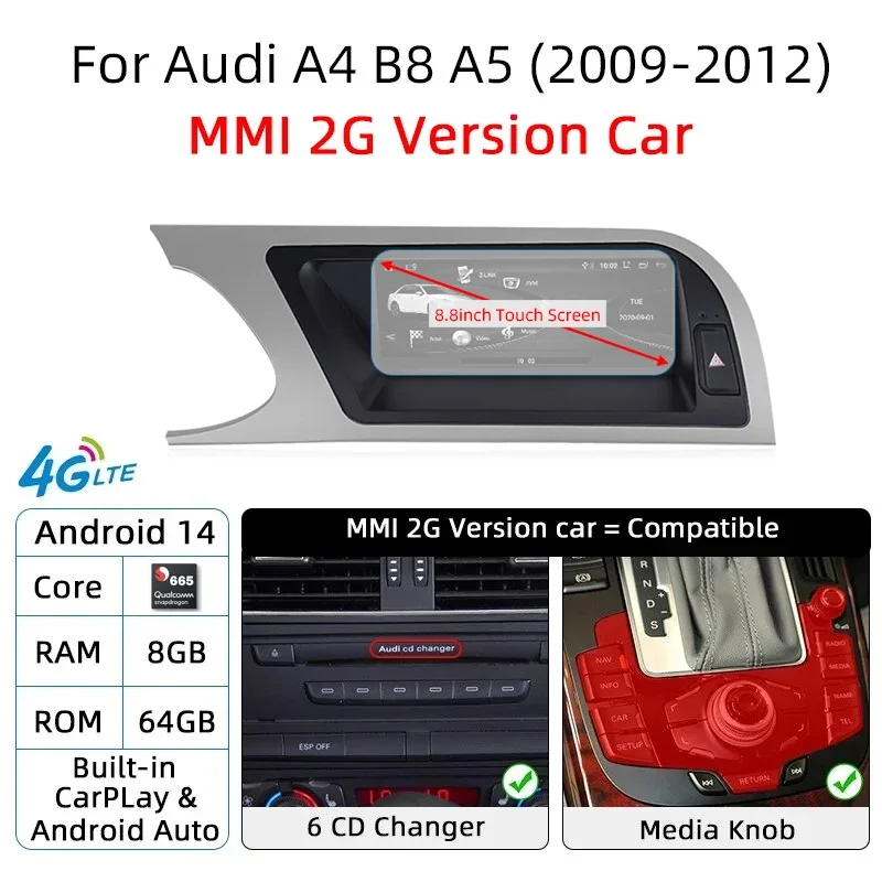 Audi A4 B8 A5 2008-2015 CarPlay Android 14 8+128GB