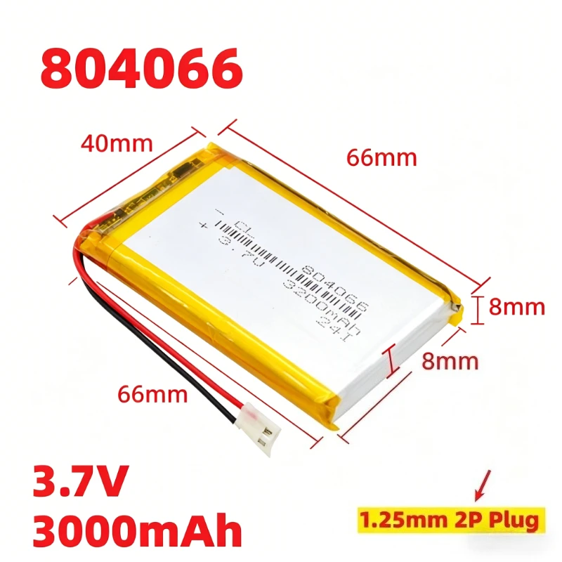 804066 Lithium Polymer Battery 3.7V 3000mAh PH2.0mm 2Pin Wire Connector Power Supply for R36S Retro Handheld Game Device