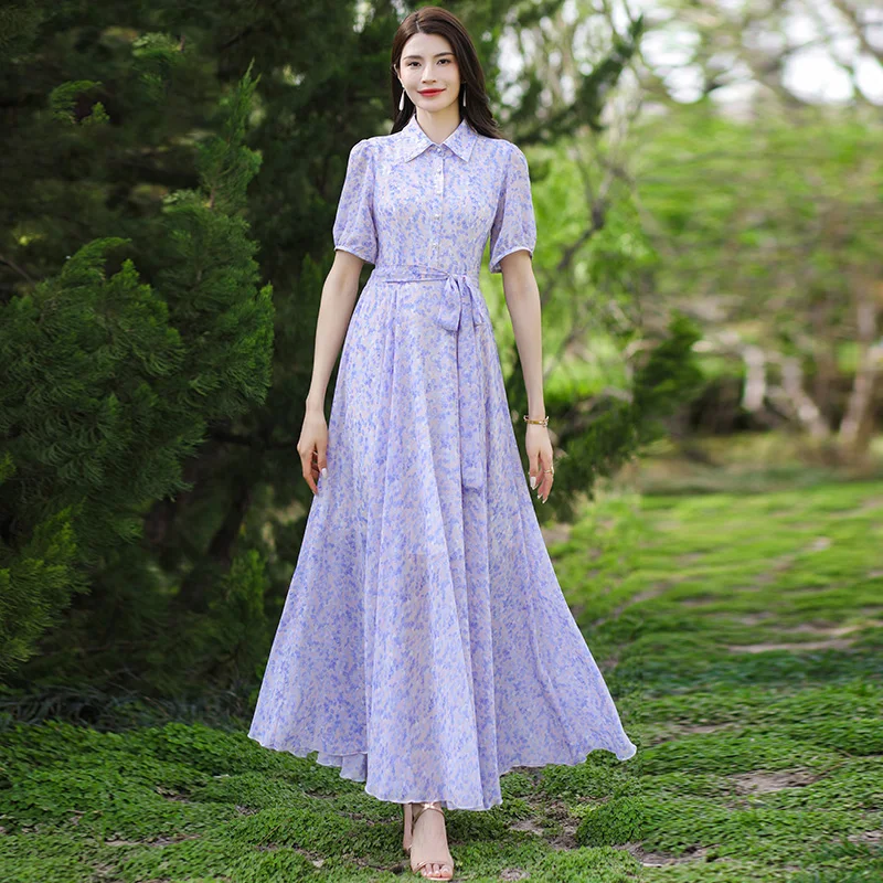 

New Women Summer Long Floral Dress Fashion Light Violet Short Sleeve Slim Print Dress Elegant Flowing Ankle-Length Shirt Dress