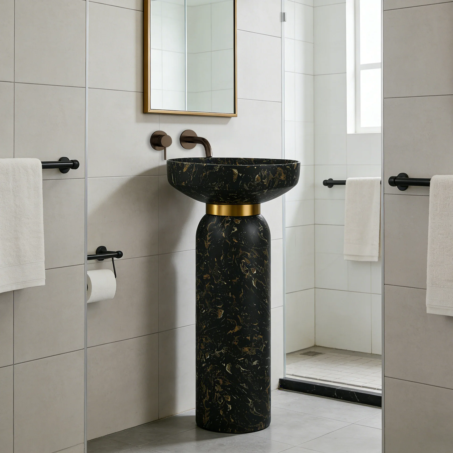 Luxury Premium Black Freestanding Pedestal Sink Integrated With Artificial Stone Basin Suitable For Balcony & Bathroom RS2417