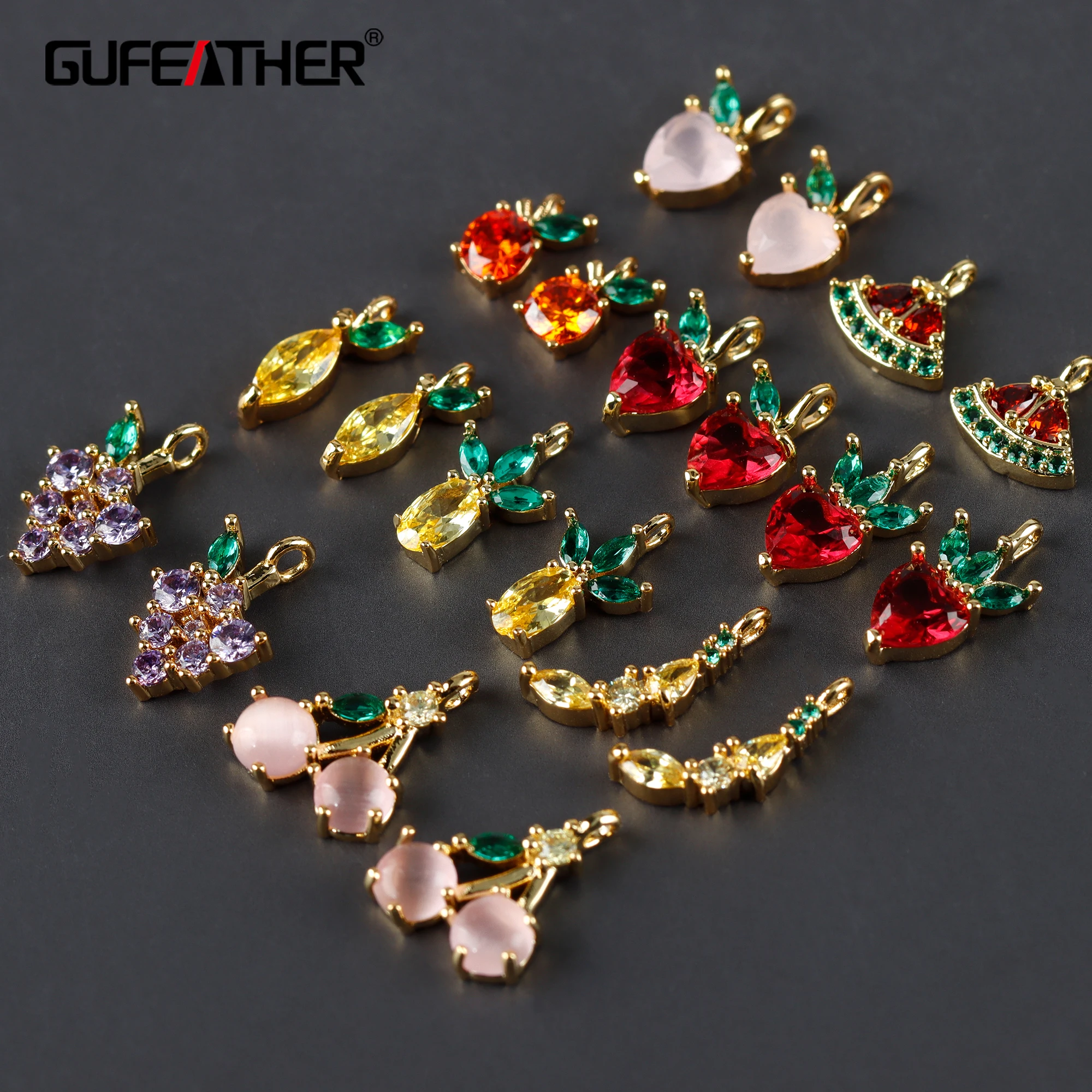 (M970) 6pcs High Quality Handmade Gold Color Copper and Zircon Fruit Shape Charms Pendants Diy Jewelry Findings Accessories