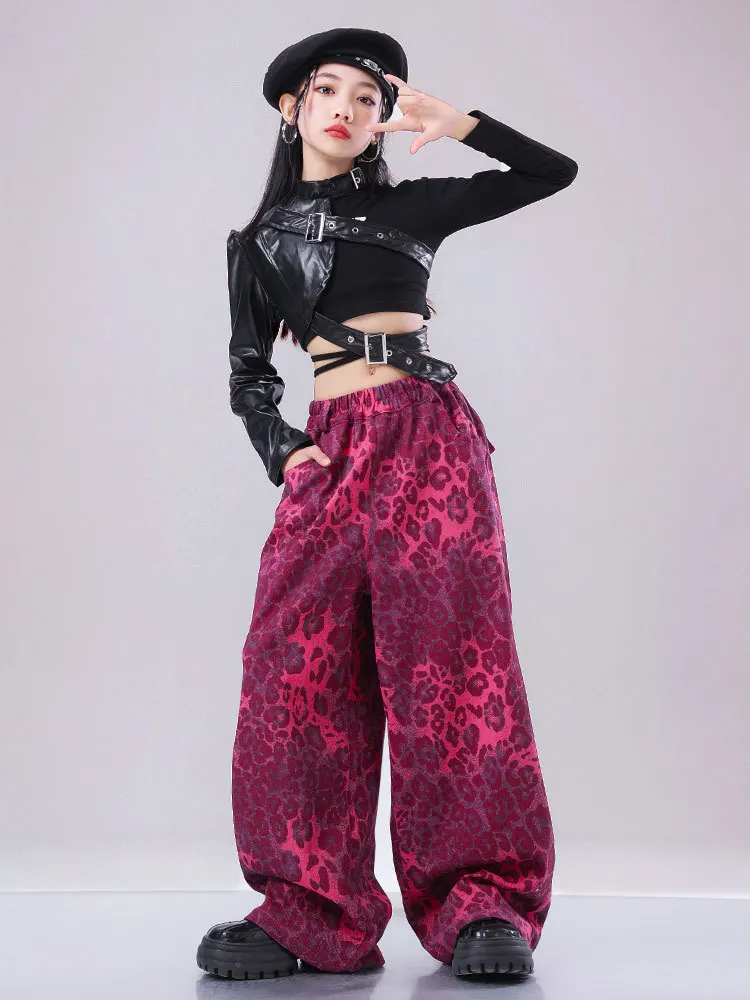 2026 Jazz Dance Performance Clothes Umbilical Suits Girls' Runway Rehearsal Clothes A Set of Pink Leopard Print Shorts 6-16 Year