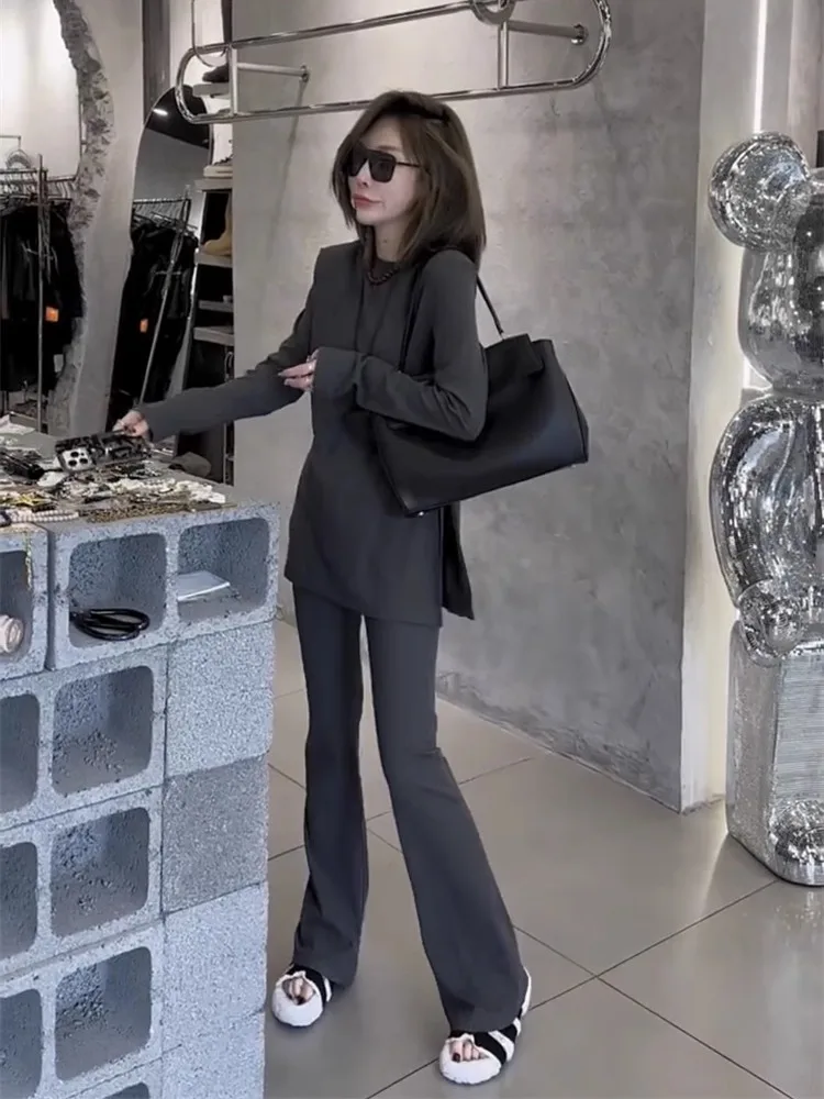 

Корейская версия, осенние новые женские модные универсальные повседневные и простые рубашки с длинными рукавами, брюки, комплект из двух предметов