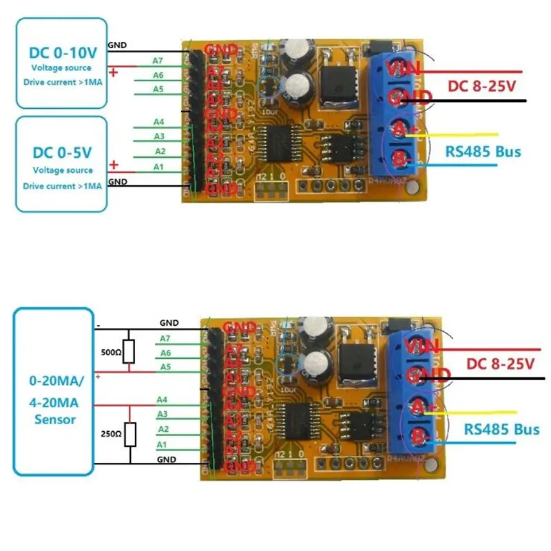 1pcs 0-5V/0-10V 7ch Voltage Analog Acquisition RS485 Modbus RTU R4AVA07 Module