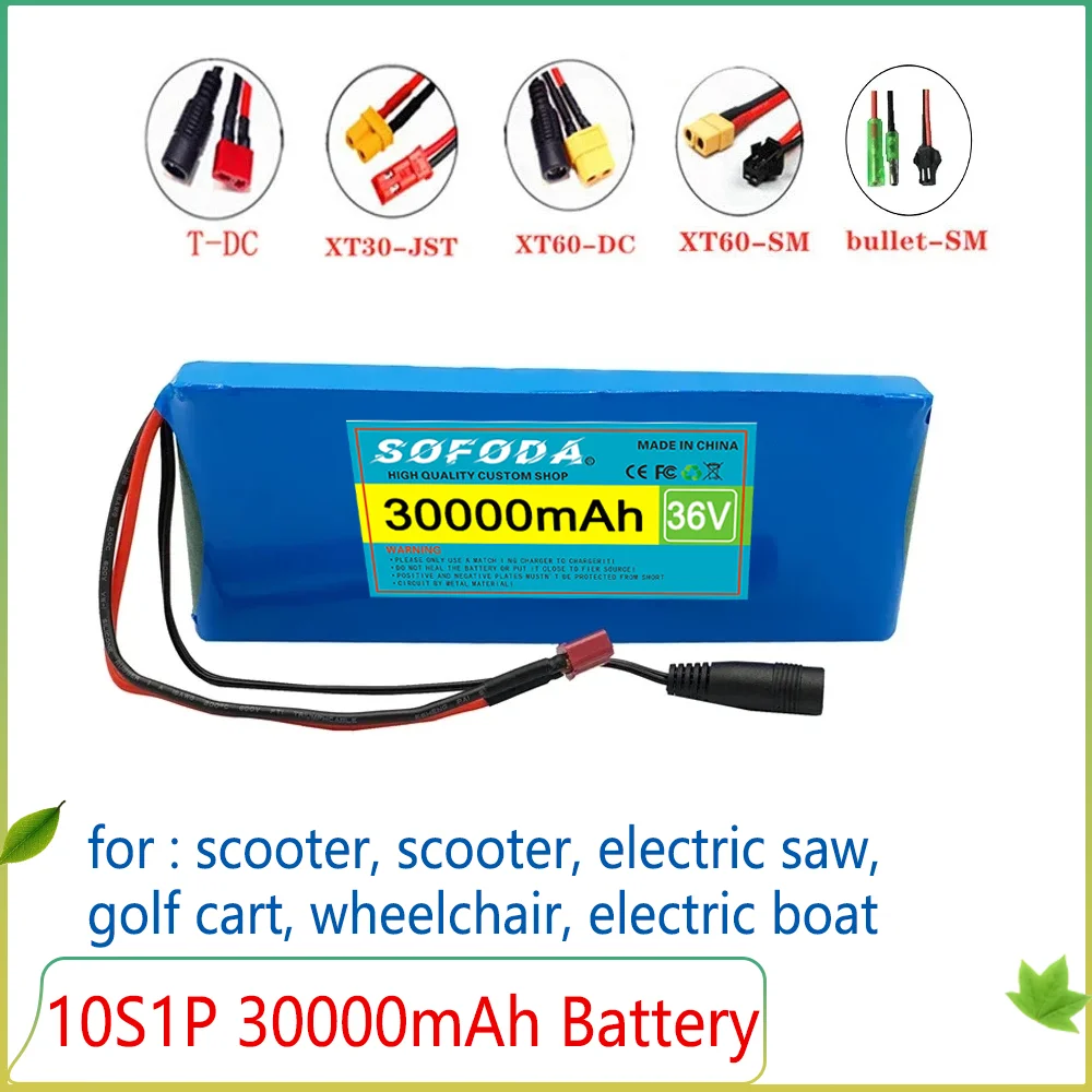 Große Kapazität 36 V 30000 mAh 10S1P 18650 Lithium-Ionen-Akku 30 Ah, mit BMS 500 W, ausgestattet mit 42 V 2 A Ladegerät