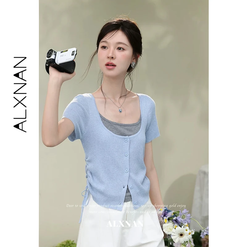 ALXNAN Blue T-shirt Fake Two-piece Women Summer Drawstring U-neck Knitted T-shirts 2026 Casual Short Sleeve Tops Female L66187A