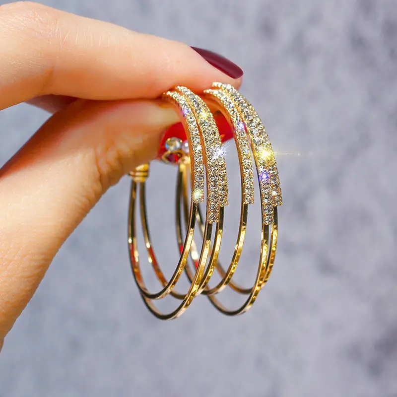 Big Hoop Earrings For Women Girls Elegant Circle Crystal Rhinestone Earrings Gold Silver Color Round Earings Party Jewelry Gift