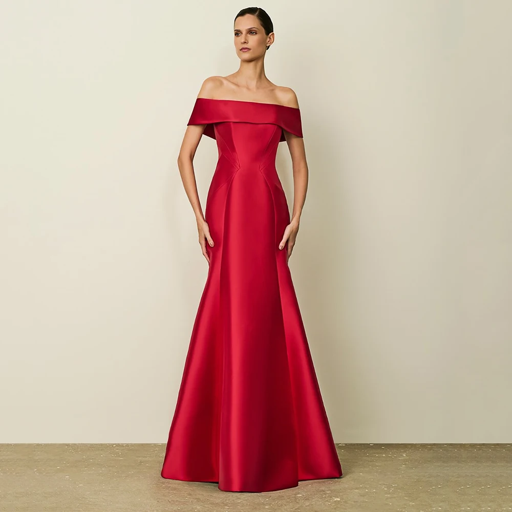 

Customized Off the Shoulder Red Simple Satin Evening Dress Sleeveless Backless Mermaid Party Dress Floor Length Prom GOwn