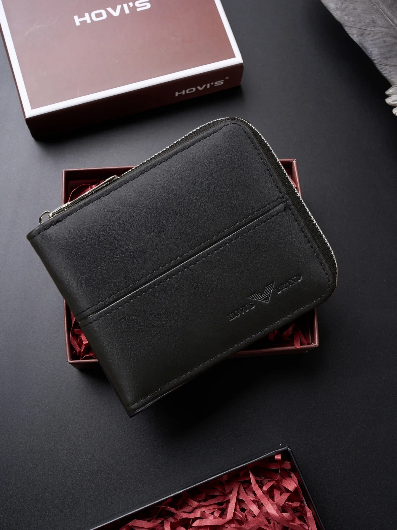 HOVI'S Herren-Clutch aus schwarzem, strukturiertem Kunstleder – Reißverschluss, mehrere Kartenfächer, elegante Geschenkbox-Verpackung