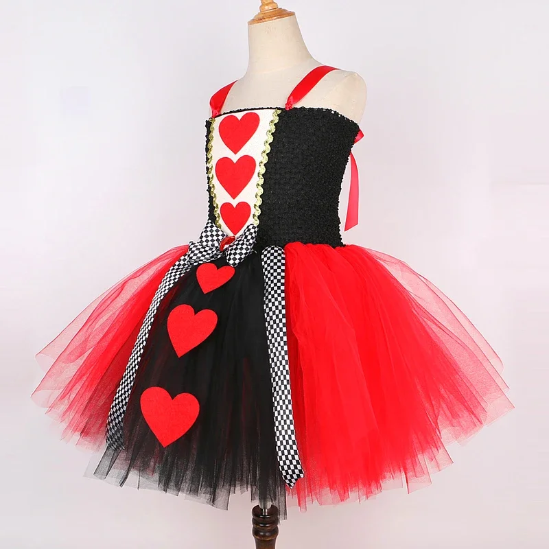 HN8 Red Queen of Hearts Costumes for Girls Alice Fancy Lined Tutu Dress Kids Halloween Christmas Party Outfit with Crown Mag)4Dc