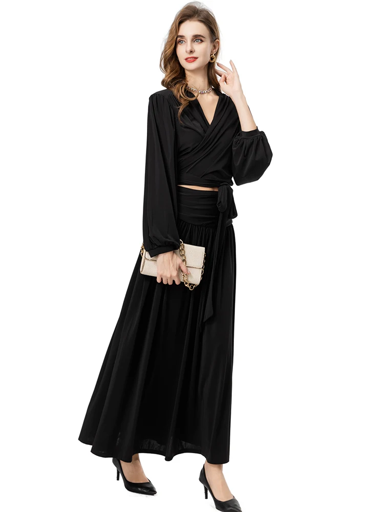 DLDENGHAN Women's V-neck Lantern Sleeve Lace-Up Short Top with Long Big Pendulum Skirt 2-Piece Set for Vacation Autumn