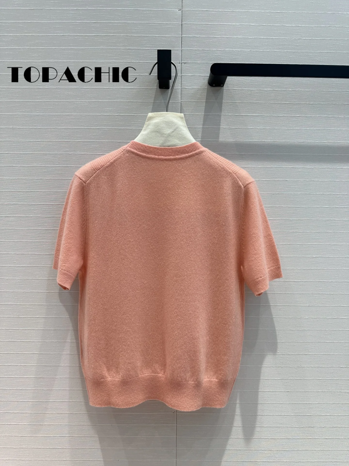 7.15 TOPACHIC Solid Simple All-matches O-Neck Ribbed Knitwear Top Fit Women Metal Decoration Short Sleeve Cashmere Knit Sweater