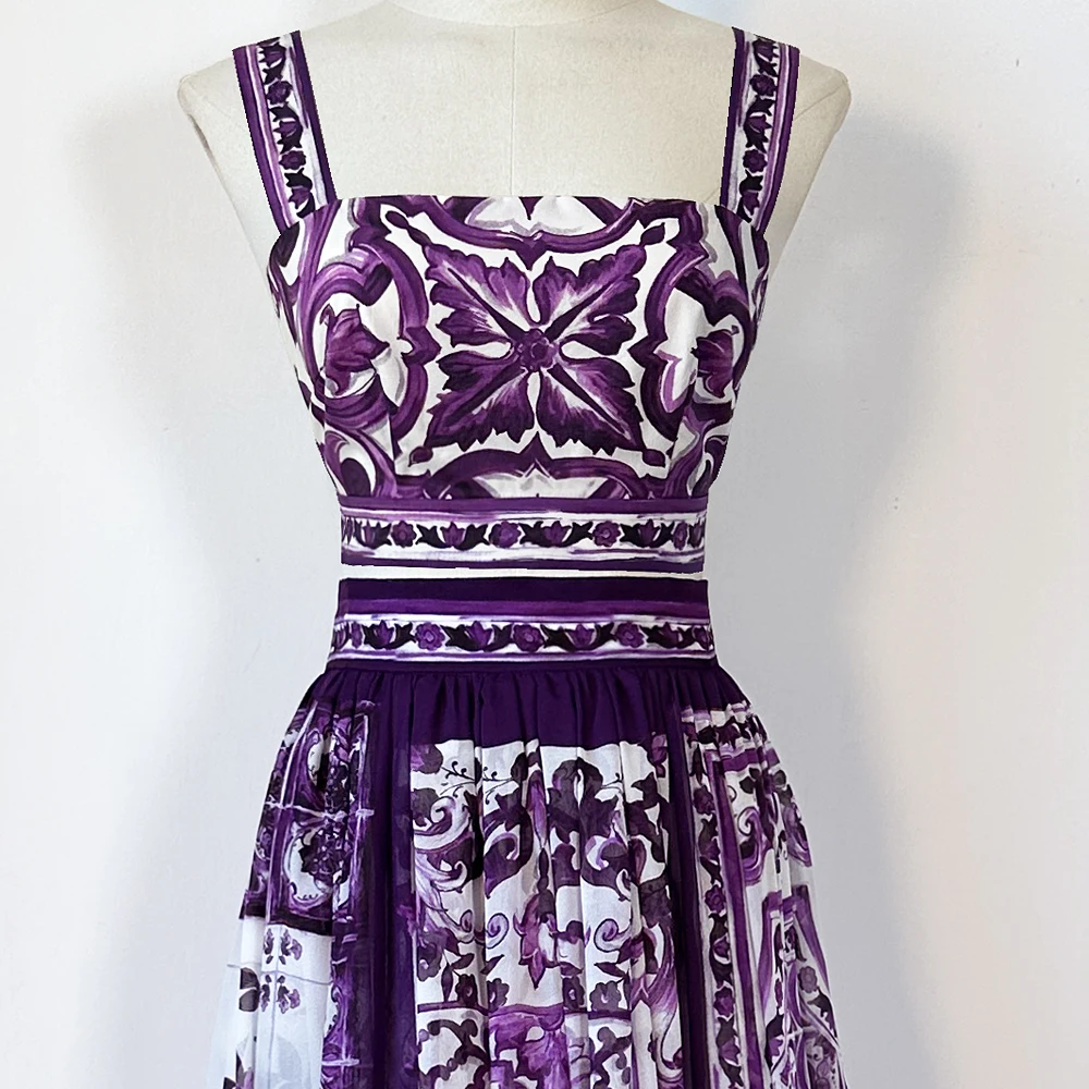 

Summer 2025 New Sle Vaion Theme Women's Slim Fit Cotton Silk Weave Purple Print ort Length Versatile Strap Top