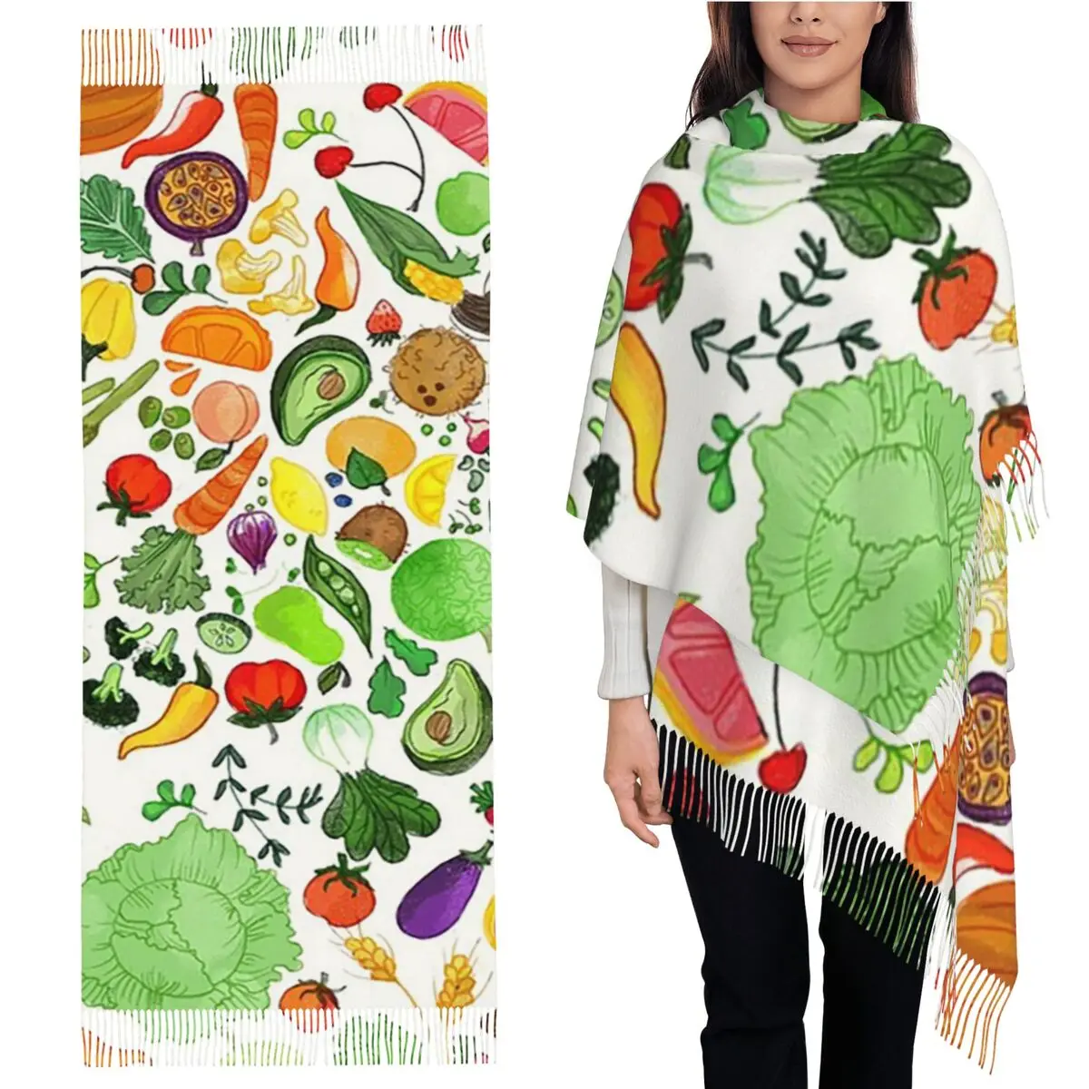

Шарф с фруктами и овощами, шарфы с кисточками, женские мягкие теплые шали и накидки, большая осенне-зимняя шаль
