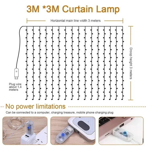 LED 커튼 화환 요정 스트링 조명, 크리스마스 휴일 파티 웨딩 장식, USB 원격, 8 가지 모드 폭포 조명, 3M 