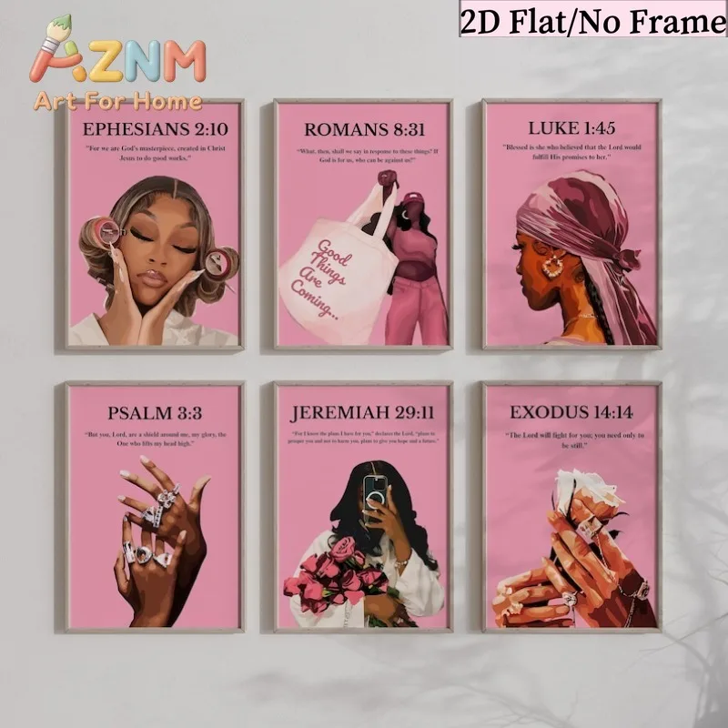 Six Piece Canvas Decorative Painting Pink Inspirational Scripture Religious Positive Energy Frameless Wall Hanging Painting