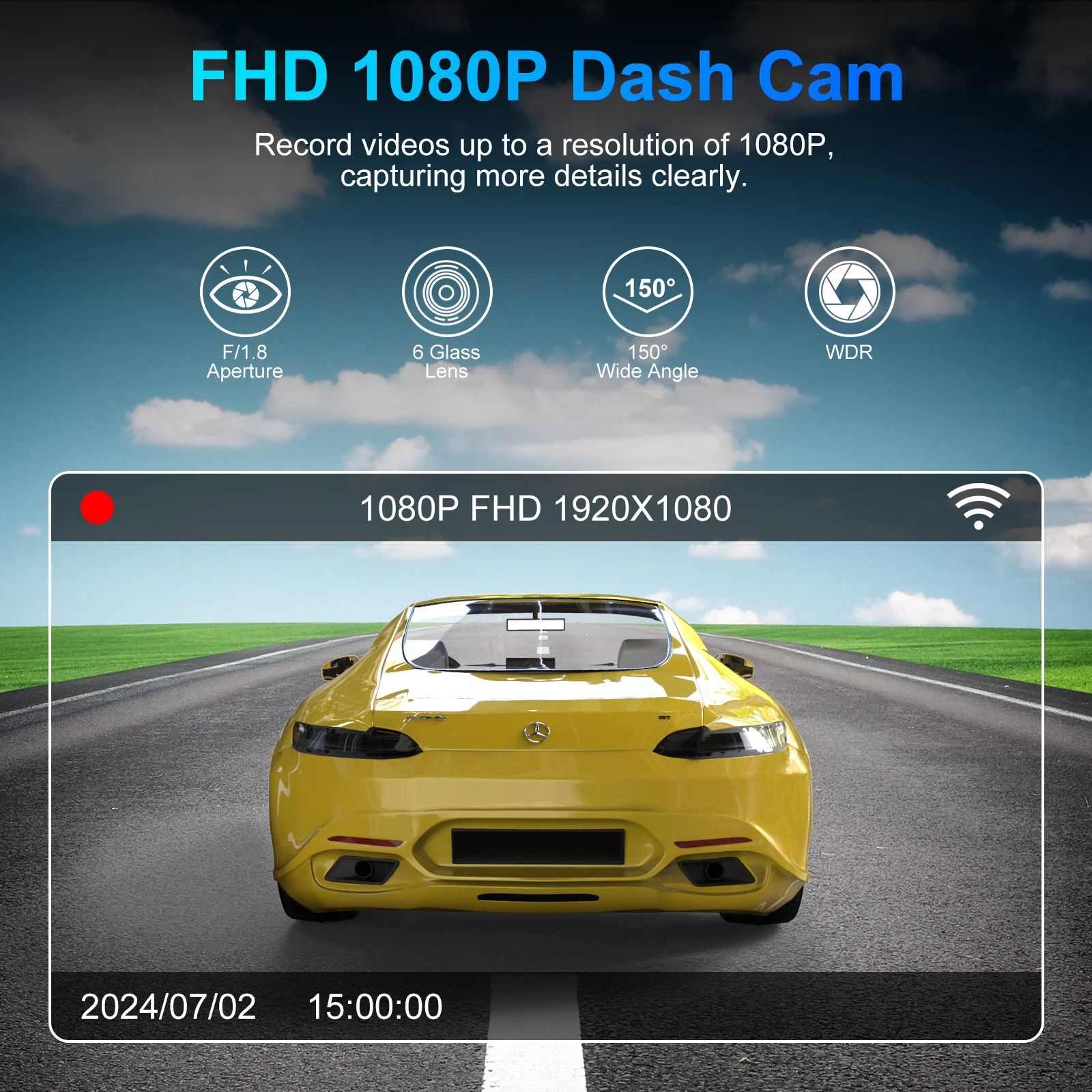 Car Dash Cam FHD 1080P Single Dash Camera 150 Degree Wide Angle Night Vision Loop Recording 24H Parking Mode App Control