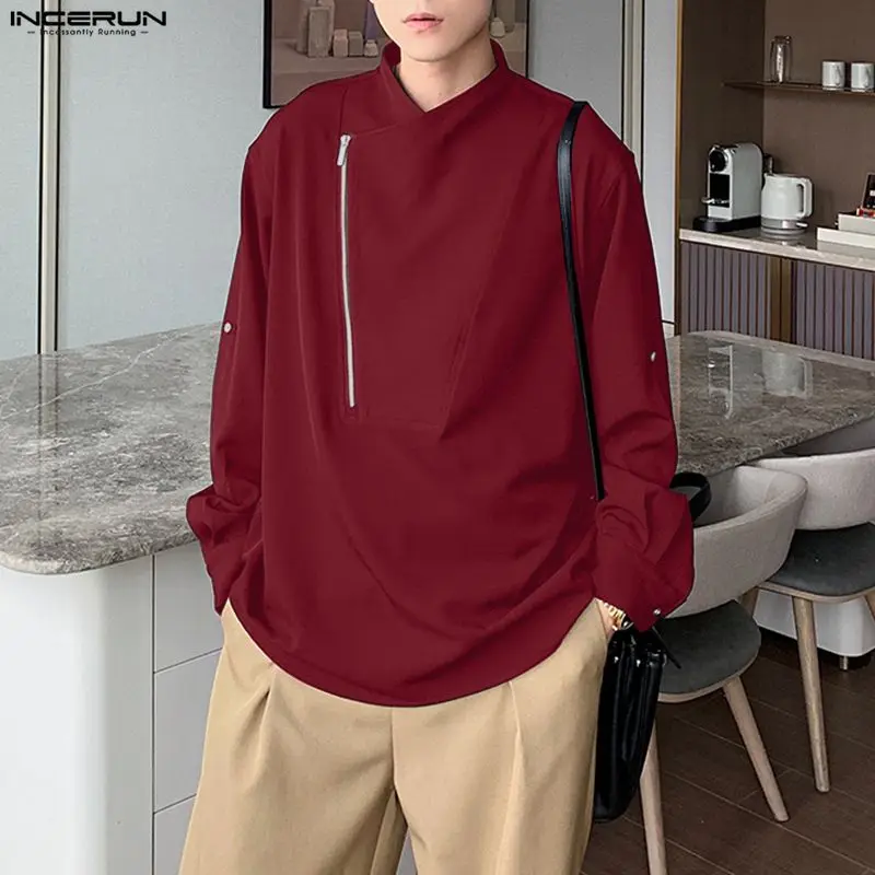 INCERUN Męska Koszula Jednolita Kolorystyka Zamek Błyskawiczny Długi Rękaw Luźny Krój Odzież Męska Streetwear Koreański Styl Moda Casualowe Bluzki Koszule Męskie S-5XL 2025
