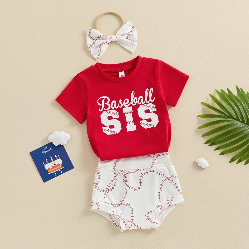 

Infant Baby Girl Baseball Outfit Baseball Sis Short Sleeve Romper Baseball Shorts Headband 3Pcs Summer Outfits Set