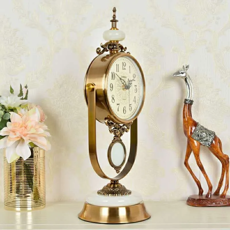 European fashion retro creative sense large metal jade marble table home silent metal pendulum clock elegant