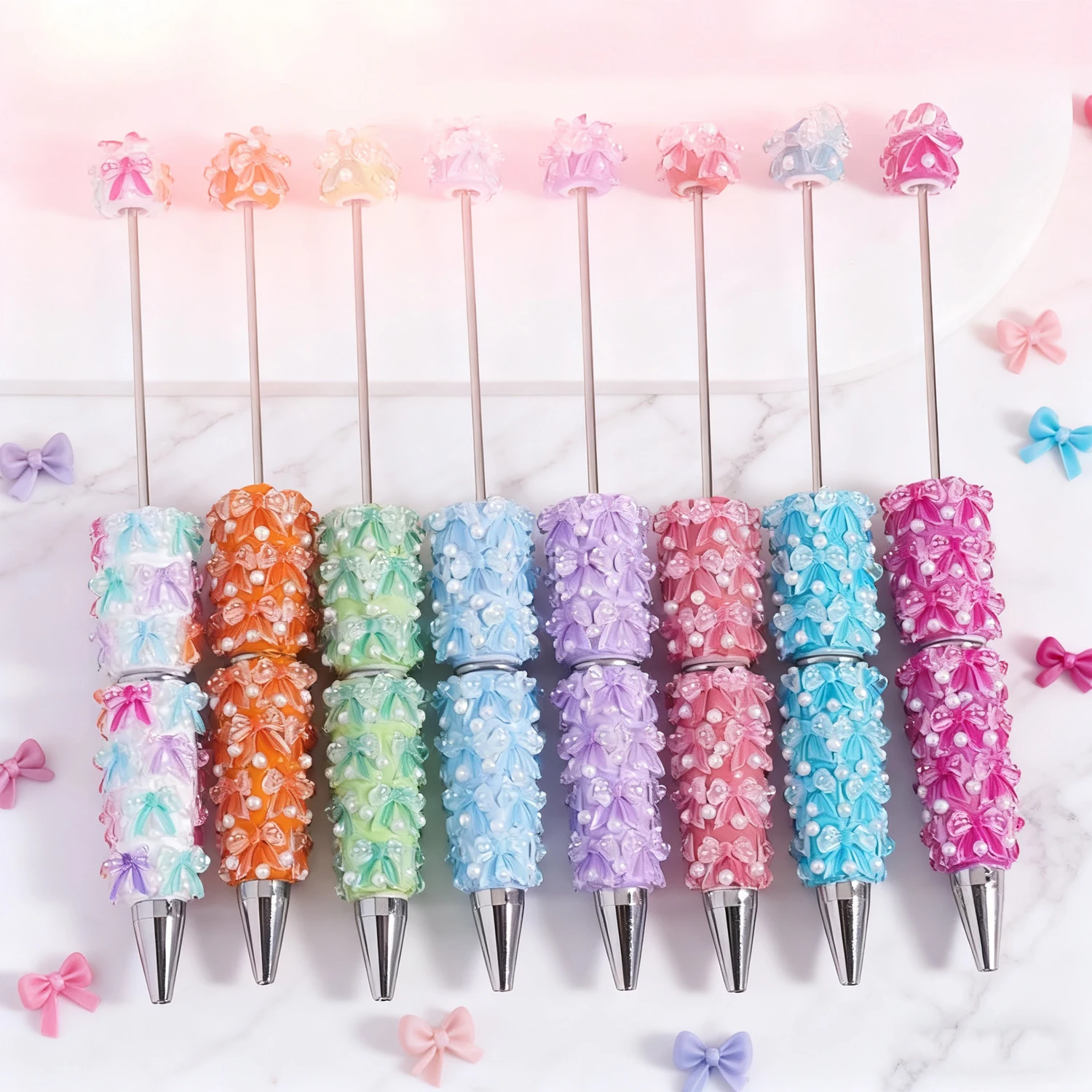 ปากกาลูกปัด DIY 8-48 ชิ้น – ปากกาลูกปัดประดับโบว์และมุก งานแฮนด์เมดน่ารัก เหมาะสำหรับเป็นของขวัญ นักเรียน ของชำร่วยงานปาร์ตี้