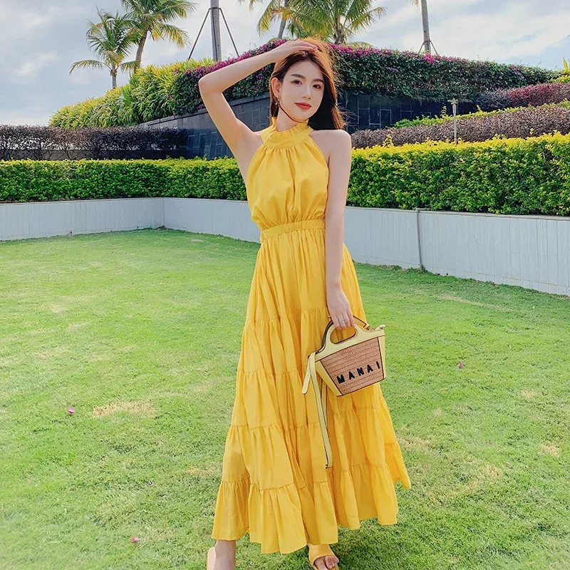 Gagarich Women Bohemian Summer New Western Yellow Long Dress Beach Holiday Backless Halter Neckline Lady Vestidos Robe