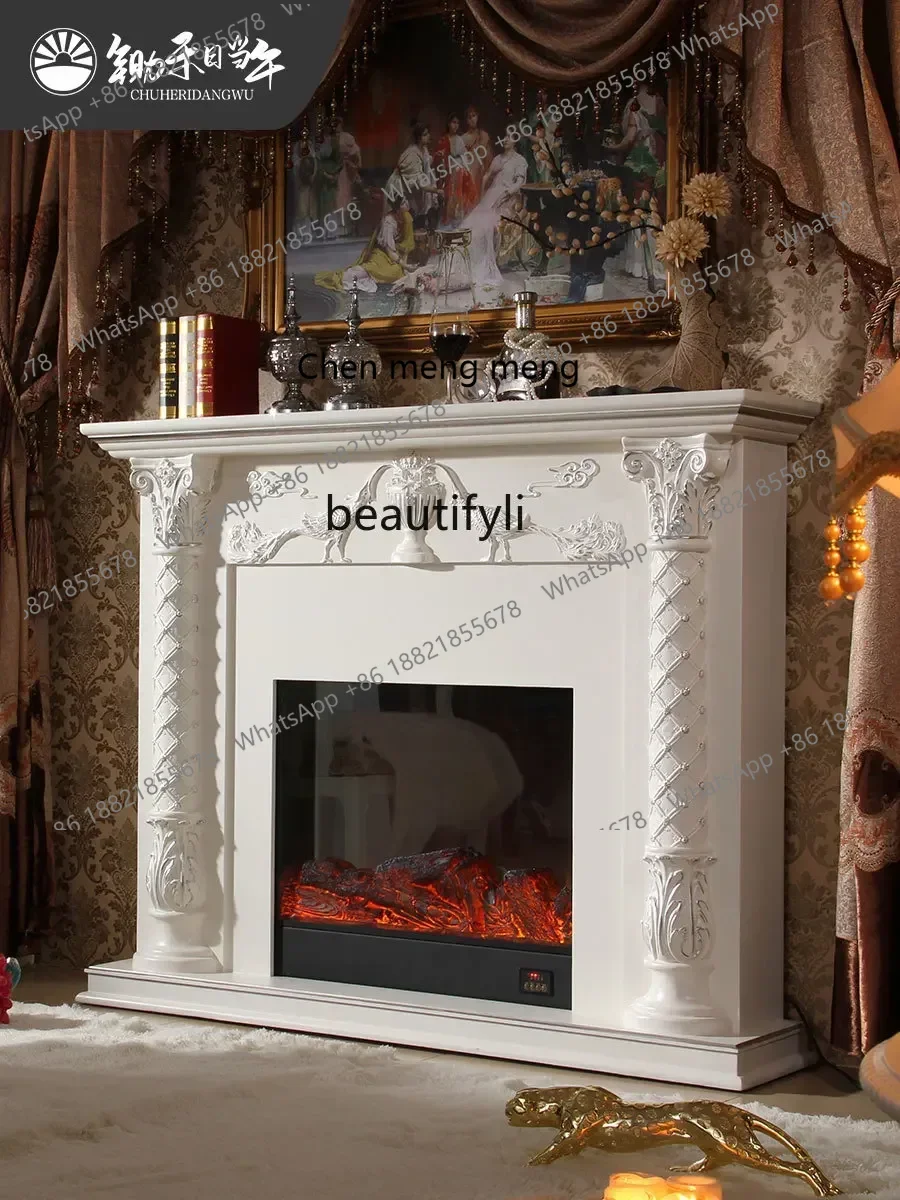 European-Style New Classical Living Room White Silver Fireplace Curio Cabinet French Retro Led Heating Electric Fireplace