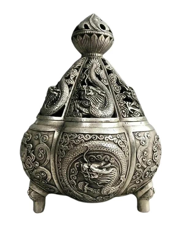 

Old Chinese Tibetan silver QIANLONG hand made dragon lotus Incense Burners