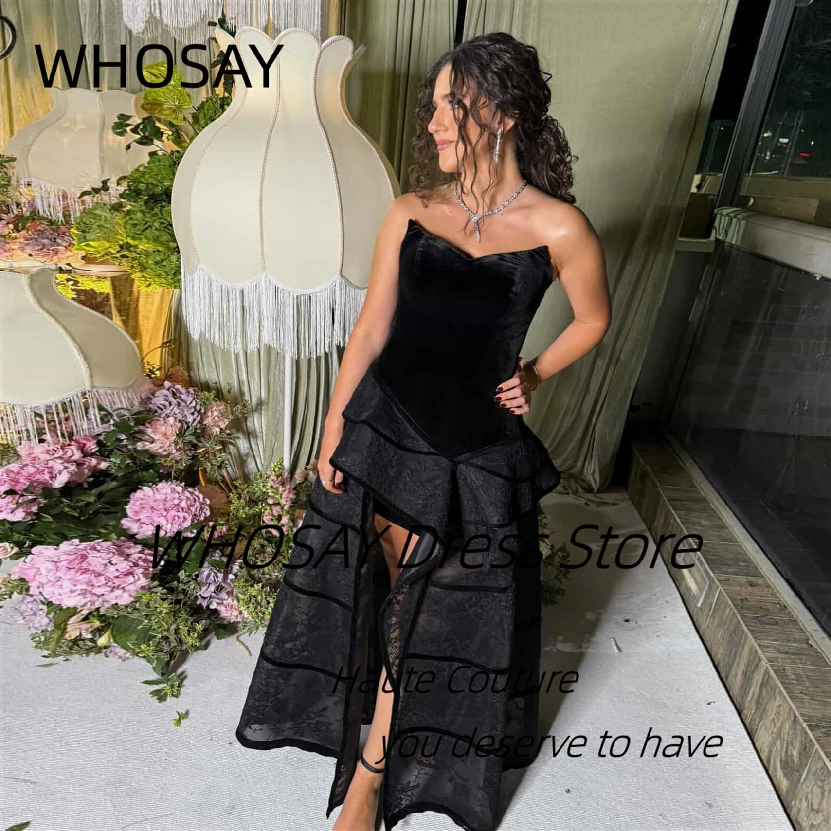 

WHOSAY Черные платья для выпускного вечера Милая сексуальная спина Vestidos Des Fiesta с разрезом спереди Женские вечерние платья на день рождения по индивидуальному заказу