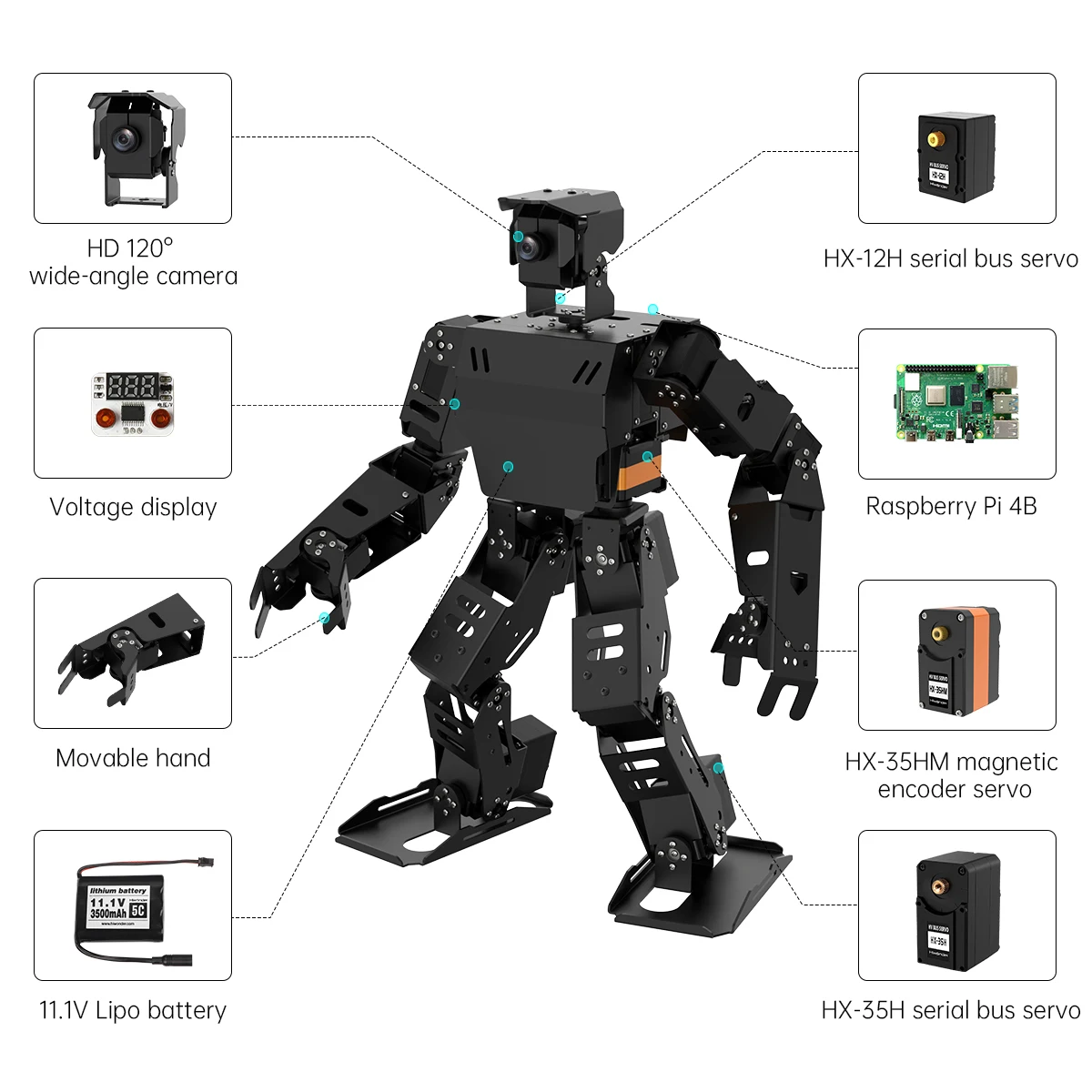 AiNex ROS Education AI Vision Robot humanoide alimentado por Raspberry Pi 4B Kit de enseñanza de aprendizaje de algoritmo cinemático inverso bípido