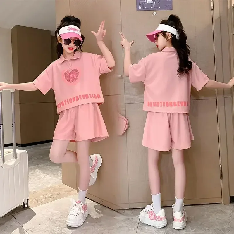 Girls Summer New Leisure Korean Style Polo Shirts+Short Pants 4-14 Years Teeange Girls Students Outfits Sets Children Clothes