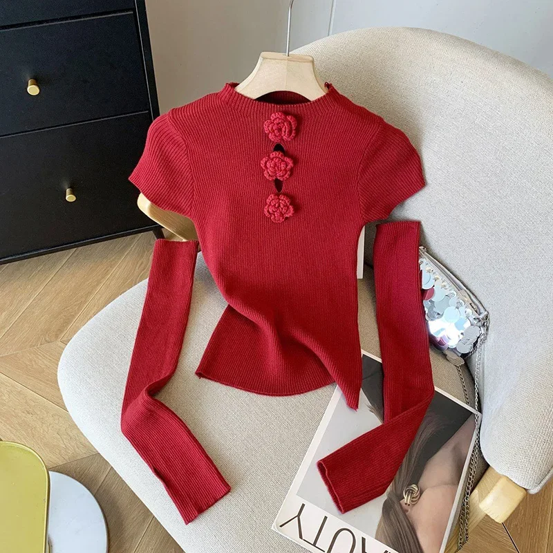 

Women's Clothing Fashion Floral Solid Knitted Sweaters Spring Summer Elegant Slim O-neck Long Sleeve Tops JJ206