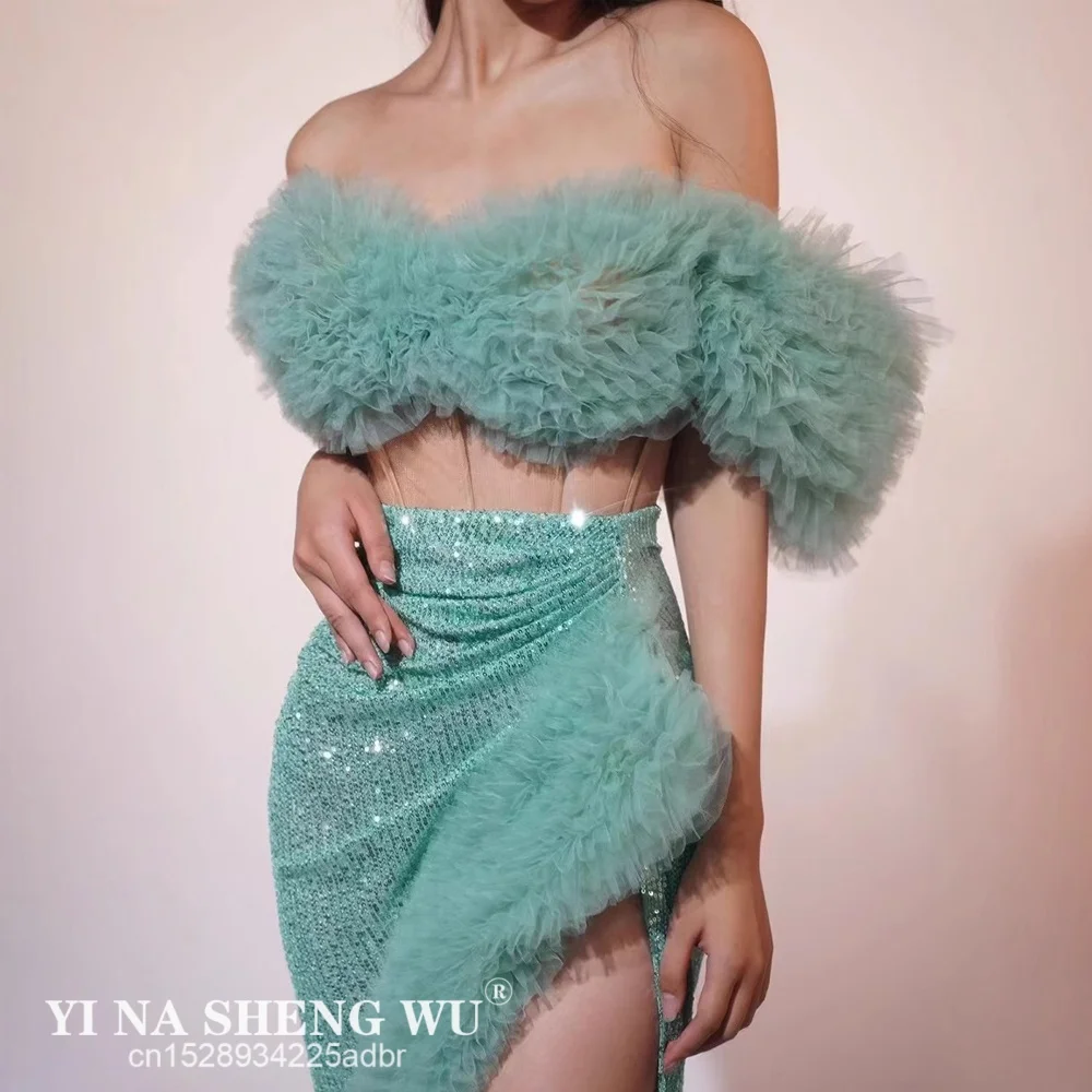 

Блестящий топ с блестками, короткая юбка, комплект из двух предметов, женский сексуальный праздник, вечернее платье для выпускного вечера, дня рождения, сценический наряд для ночного клуба