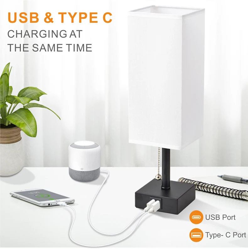 

Desk Lamps for Bedroom Pull Chain Table Lamp Rechargeable Lamp with USB C+A Ports Led Lighting Office Study Light Reading Books