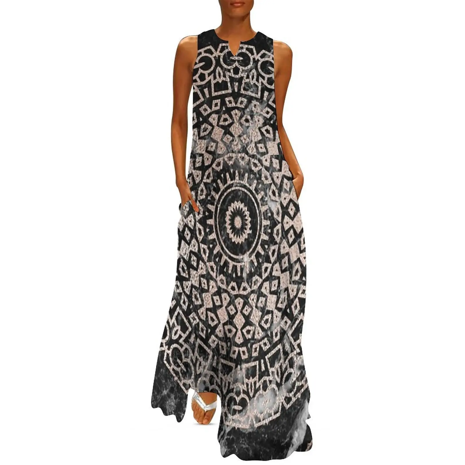 

Marble mandala - deco rose gold on black Long Dress dresses women summer 2025 cocktail dresses