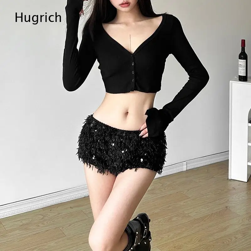 Fluffy Feather Sequin Mini Skirt Scalloped Elastic Waistband Irregular Hem Short Skirt Night Club Party Bottoms for Women